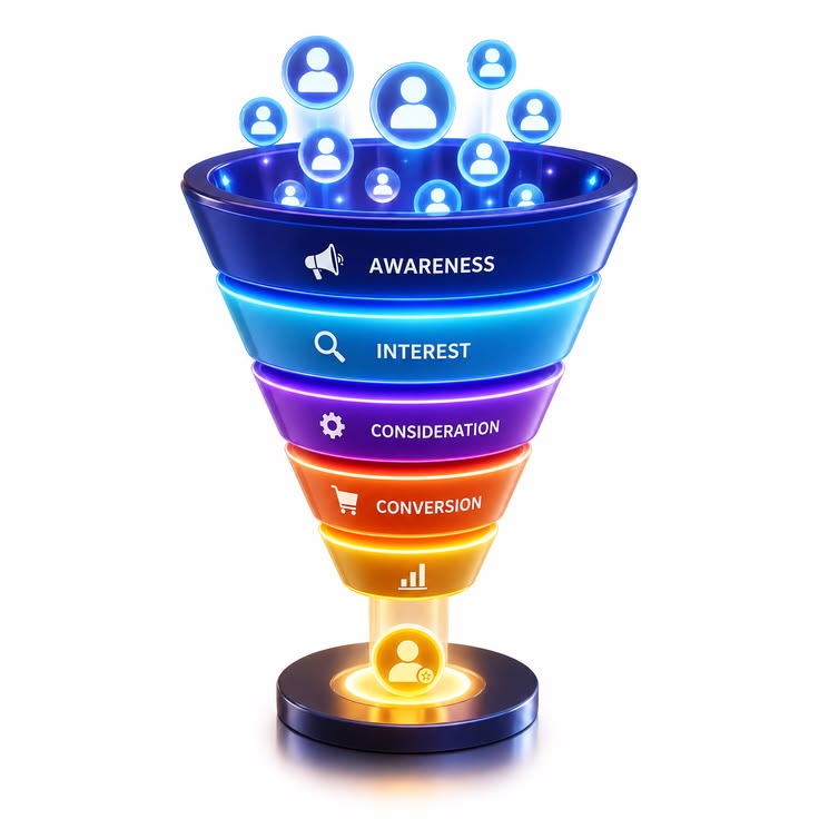 Digital marketing funnel showing the customer journey from awareness to interest, consideration, and conversion.